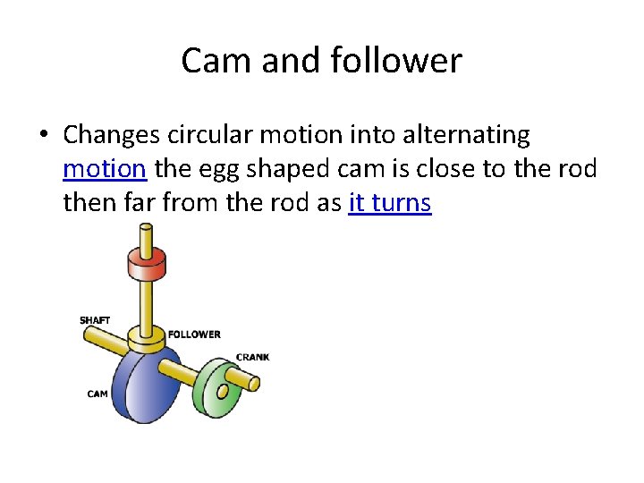 Cam and follower • Changes circular motion into alternating motion the egg shaped cam