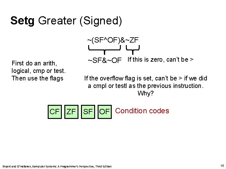 Setg Greater (Signed) ~(SF^OF)&~ZF First do an arith, logical, cmp or test. Then use