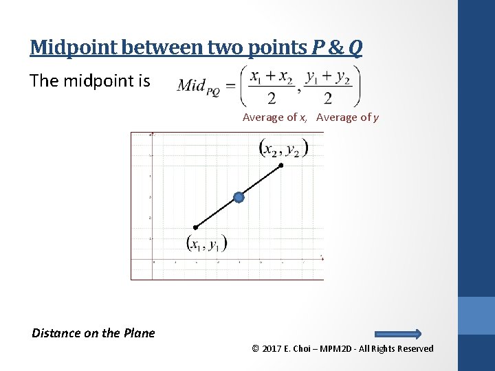 Midpoint between two points P & Q The midpoint is Average of x, Average