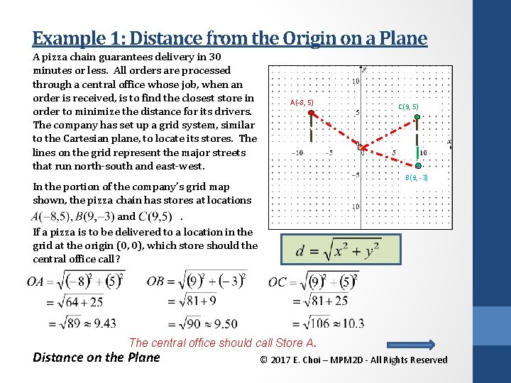 Example 1: Distance from the Origin on a Plane A pizza chain guarantees delivery