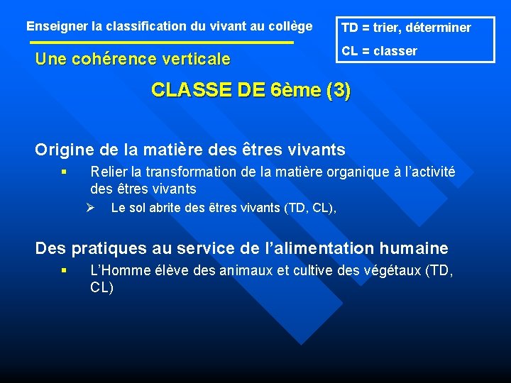 Enseigner la classification du vivant au collège Une cohérence verticale TD = trier, déterminer