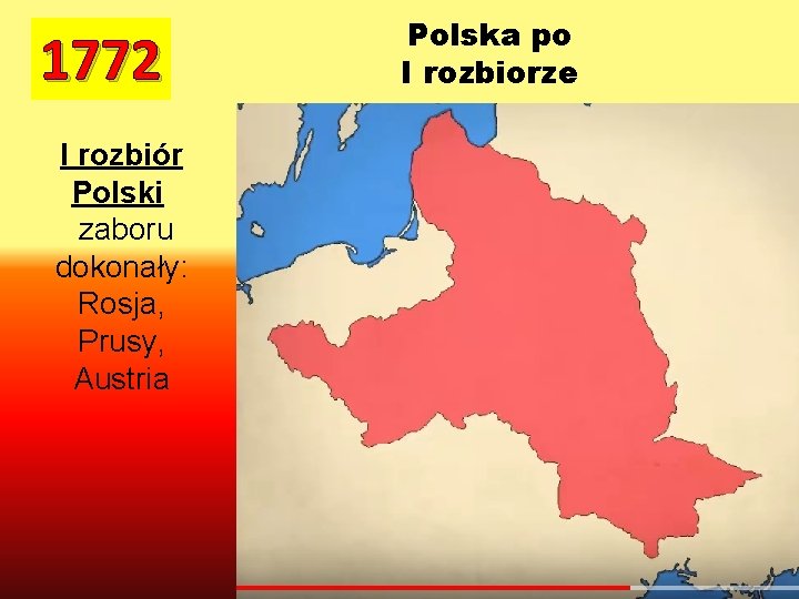 1772 I rozbiór Polski zaboru dokonały: Rosja, Prusy, Austria Polska po I rozbiorze 