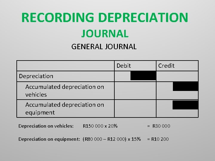 RECORDING DEPRECIATION JOURNAL GENERAL JOURNAL Debit Depreciation Credit 40 200 Accumulated depreciation on vehicles