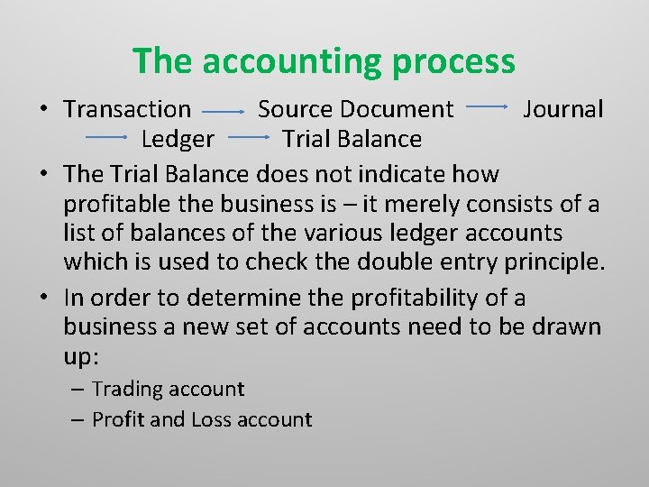 The accounting process • Transaction Source Document Journal Ledger Trial Balance • The Trial