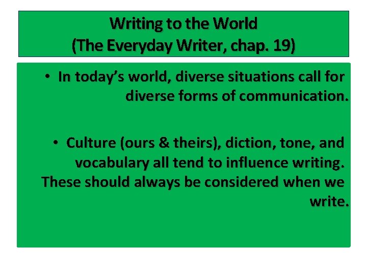 Writing to the World (The Everyday Writer, chap. 19) • In today’s world, diverse