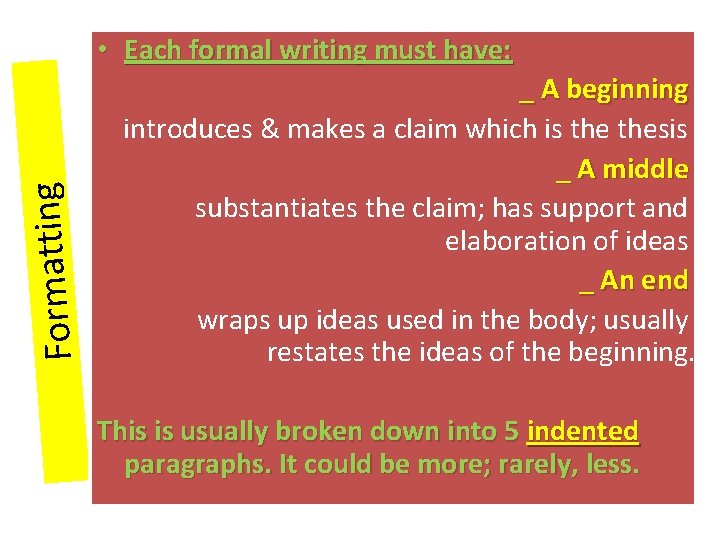 Formatting • Each formal writing must have: _ A beginning introduces & makes a