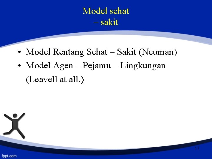 Model sehat – sakit • Model Rentang Sehat – Sakit (Neuman) • Model Agen