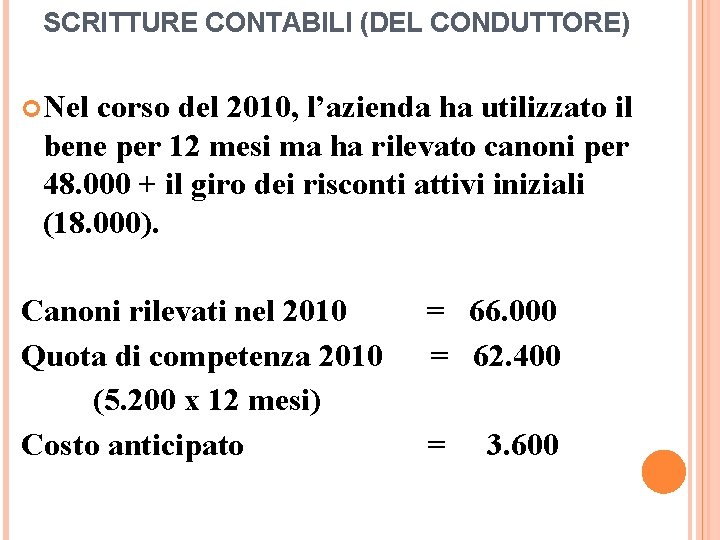 SCRITTURE CONTABILI (DEL CONDUTTORE) Nel corso del 2010, l’azienda ha utilizzato il bene per