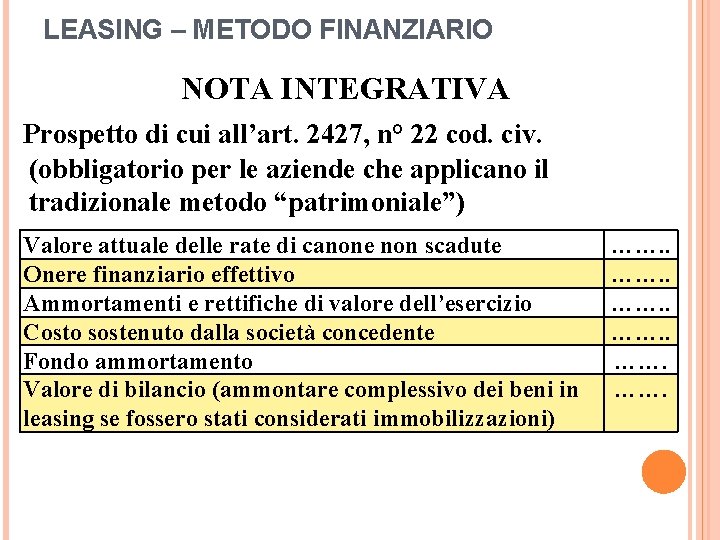 LEASING – METODO FINANZIARIO NOTA INTEGRATIVA Prospetto di cui all’art. 2427, n° 22 cod.