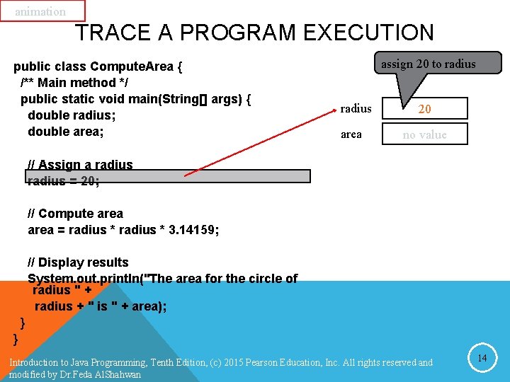 animation TRACE A PROGRAM EXECUTION public class Compute. Area { /** Main method */ animation TRACE A PROGRAM EXECUTION public class Compute. Area { /** Main method */