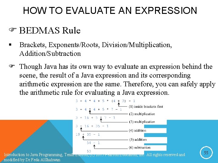 HOW TO EVALUATE AN EXPRESSION F BEDMAS Rule § Brackets, Exponents/Roots, Division/Multiplication, Addition/Subtraction F HOW TO EVALUATE AN EXPRESSION F BEDMAS Rule § Brackets, Exponents/Roots, Division/Multiplication, Addition/Subtraction F