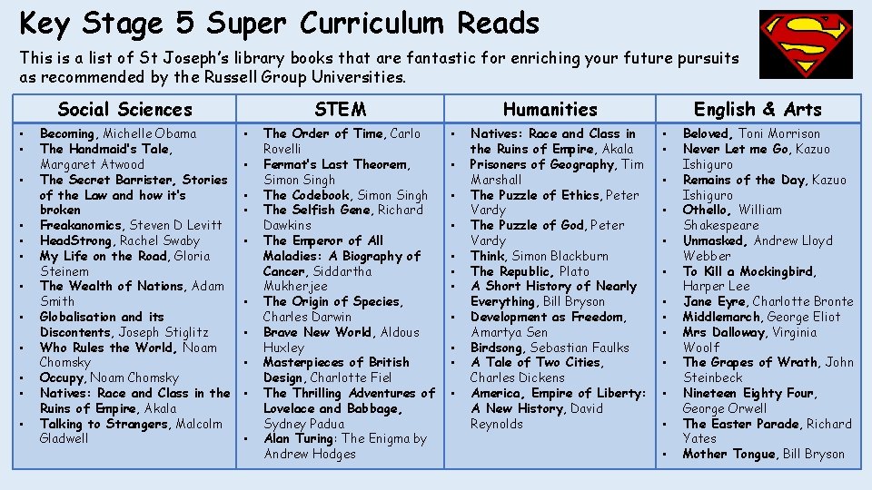 Key Stage 5 Super Curriculum Reads This is a list of St Joseph’s library Key Stage 5 Super Curriculum Reads This is a list of St Joseph’s library