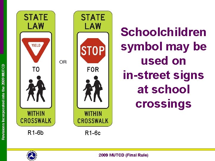 Revisions Incorporated into the 2009 MUTCD Schoolchildren symbol may be used on in-street signs