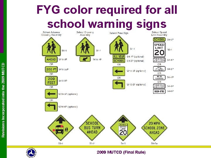 Revisions Incorporated into the 2009 MUTCD FYG color required for all school warning signs