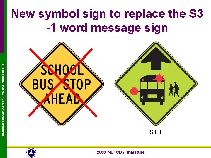 Revisions Incorporated into the 2009 MUTCD New symbol sign to replace the S 3