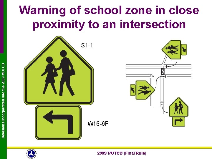 Warning of school zone in close proximity to an intersection Revisions Incorporated into the