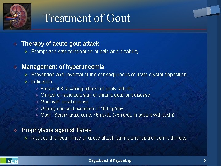 Treatment of Gout v Therapy of acute gout attack v v Prompt and safe