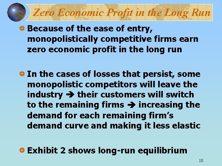 Zero Economic Profit in the Long Run Because of the ease of entry, monopolistically