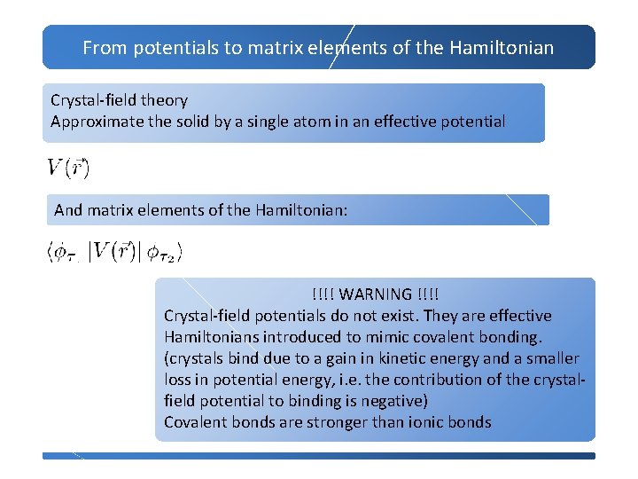 From potentials to matrix elements of the Hamiltonian Crystal-field theory Approximate the solid by