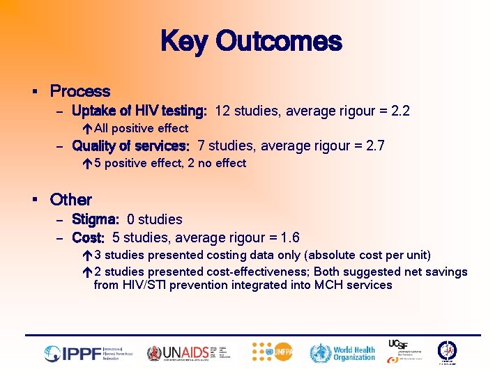 Key Outcomes § Process — Uptake of HIV testing: 12 studies, average rigour =