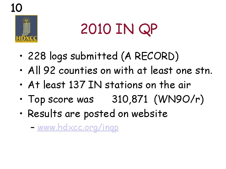 10 2010 IN QP • • • 228 logs submitted (A RECORD) All 92