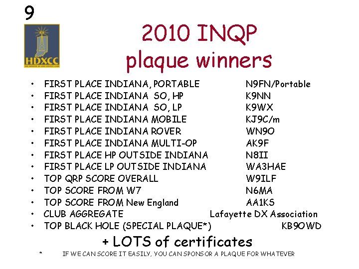 9 2010 INQP plaque winners • • • • FIRST PLACE INDIANA, PORTABLE N