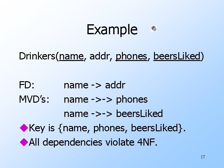 Example Drinkers(name, addr, phones, beers. Liked) FD: MVD’s: name -> addr name ->-> phones