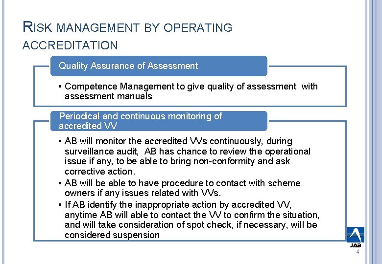 RISK MANAGEMENT BY OPERATING ACCREDITATION Quality Assurance of Assessment • Competence Management to give