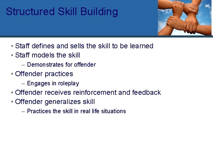 Structured Skill Building • Staff defines and sells the skill to be learned •