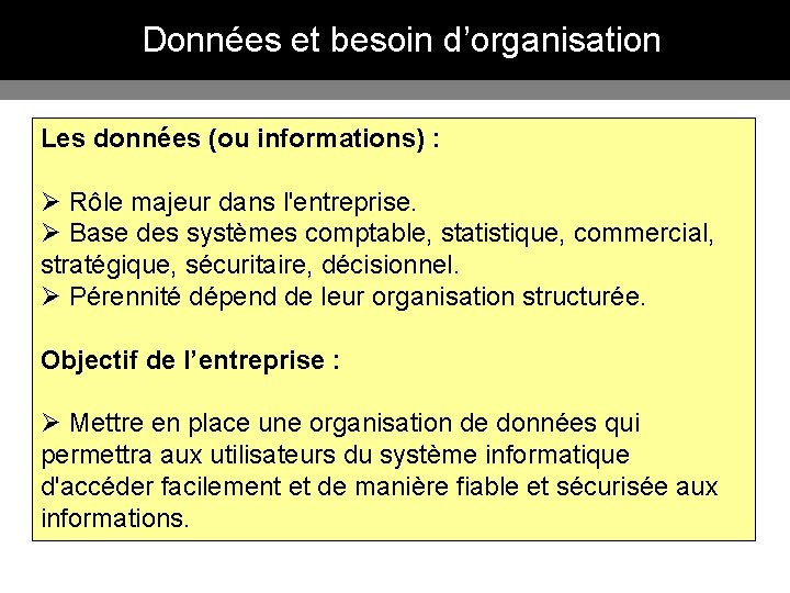 Données et besoin d’organisation Les données (ou informations) : Ø Rôle majeur dans l'entreprise.