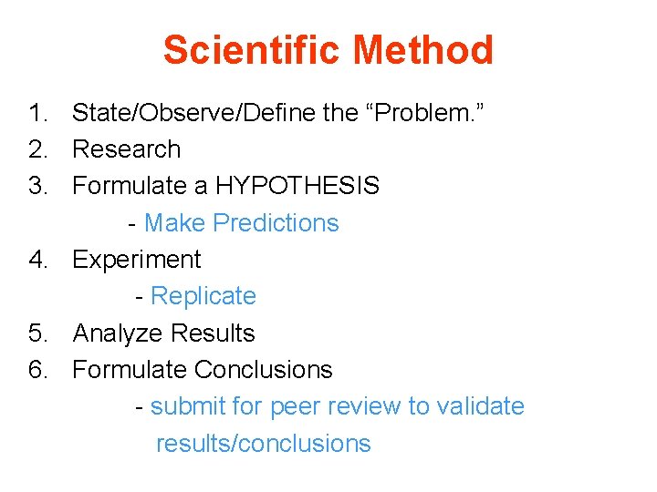 Scientific Method 1. State/Observe/Define the “Problem. ” 2. Research 3. Formulate a HYPOTHESIS -