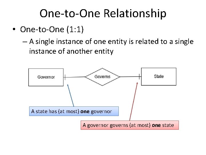 One-to-One Relationship • One-to-One (1: 1) – A single instance of one entity is