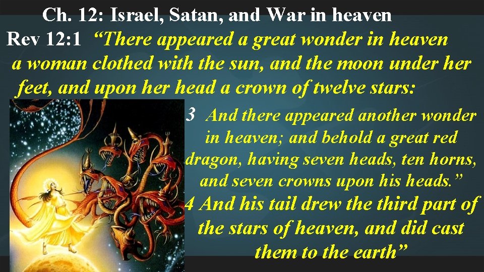 Ch. 12: Israel, Satan, and War in heaven Rev 12: 1 “There appeared a