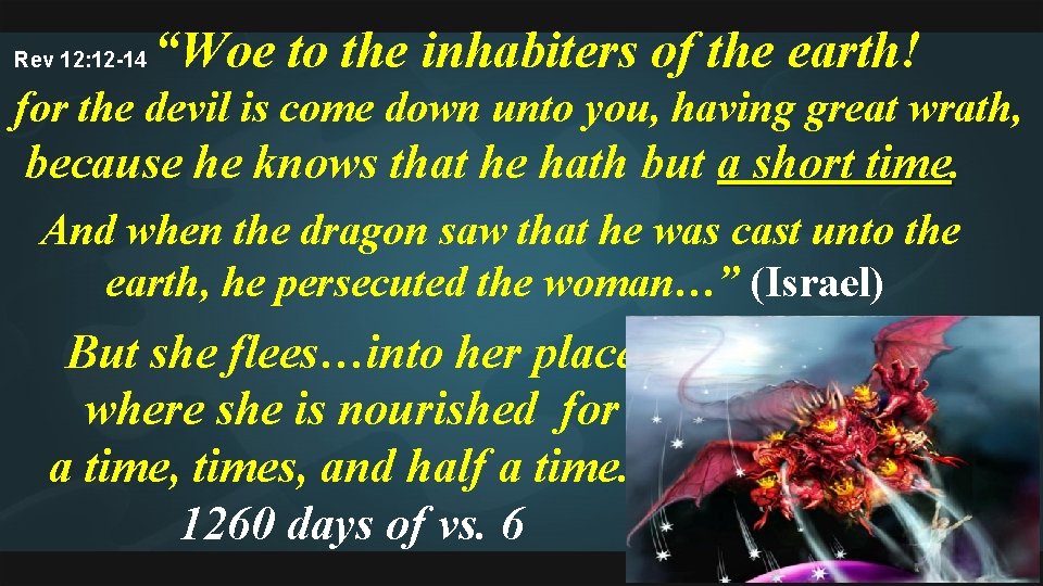 Rev 12: 12 -14 “Woe to the inhabiters of the earth! for the devil