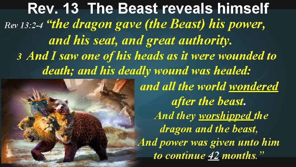 Rev. 13 The Beast reveals himself Rev 13: 2 -4 “the dragon gave (the