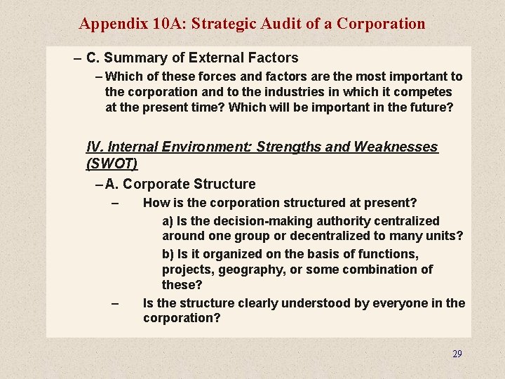 Appendix 10 A: Strategic Audit of a Corporation – C. Summary of External Factors Appendix 10 A: Strategic Audit of a Corporation – C. Summary of External Factors