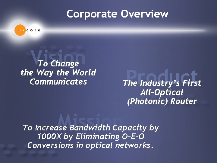 Corporate Overview Vision To Change the Way the World Communicates Product The Industry’s First