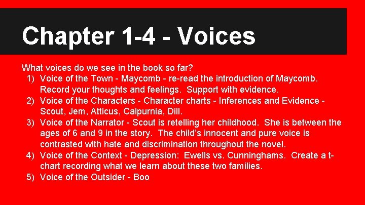 Chapter 1 -4 - Voices What voices do we see in the book so