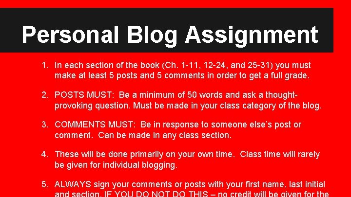 Personal Blog Assignment 1. In each section of the book (Ch. 1 -11, 12