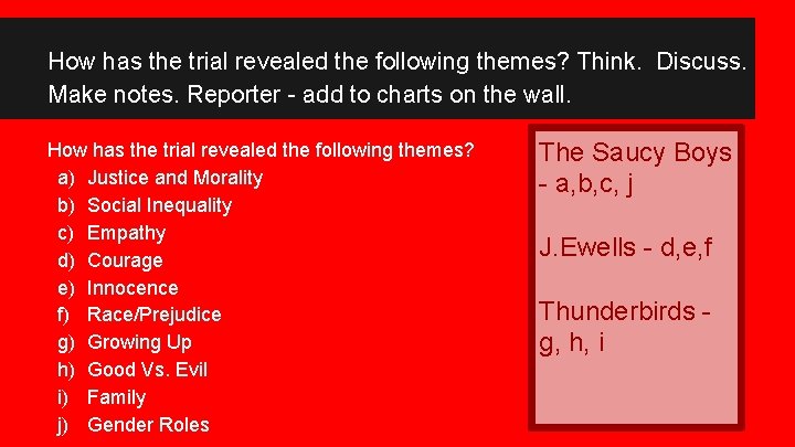 How has the trial revealed the following themes? Think. Discuss. Make notes. Reporter -