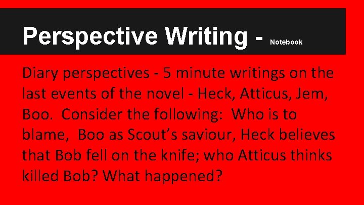 Perspective Writing - Notebook Diary perspectives - 5 minute writings on the last events