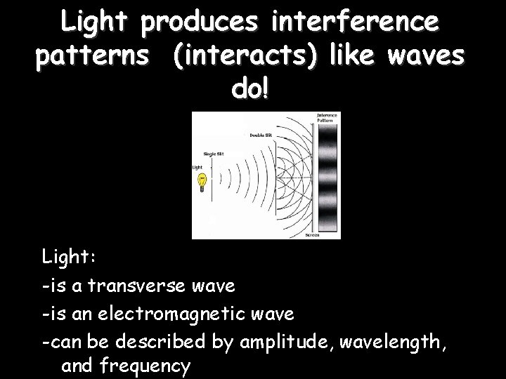 Light produces interference patterns (interacts) like waves do! Light: -is a transverse wave -is