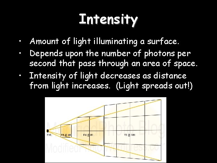 Intensity • Amount of light illuminating a surface. • Depends upon the number of