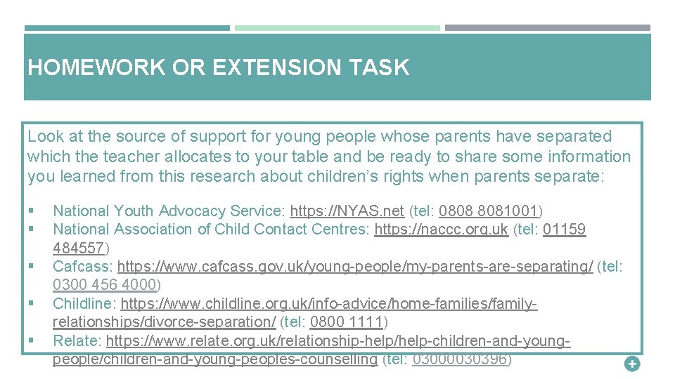 HOMEWORK OR EXTENSION TASK Look at the source of support for young people whose