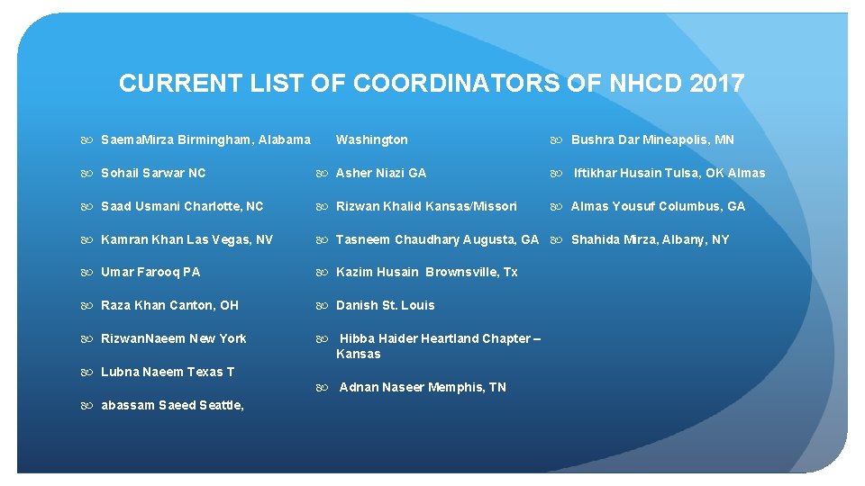 CURRENT LIST OF COORDINATORS OF NHCD 2017 Saema. Mirza Birmingham, Alabama Washington Bushra Dar
