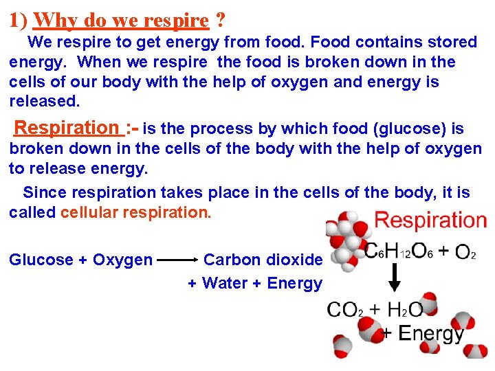 1) Why do we respire ? We respire to get energy from food. Food