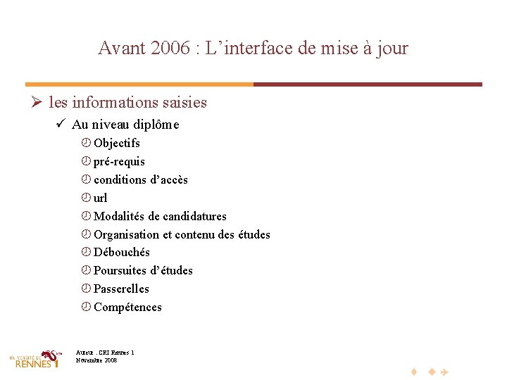 Avant 2006 : L’interface de mise à jour Ø les informations saisies ü Au