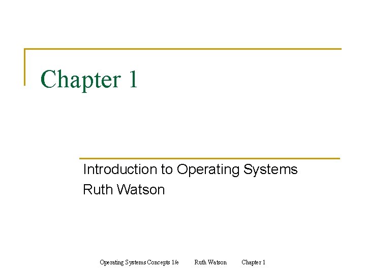 Chapter 1 Introduction to Operating Systems Ruth Watson Operating Systems Concepts 1/e Ruth Watson