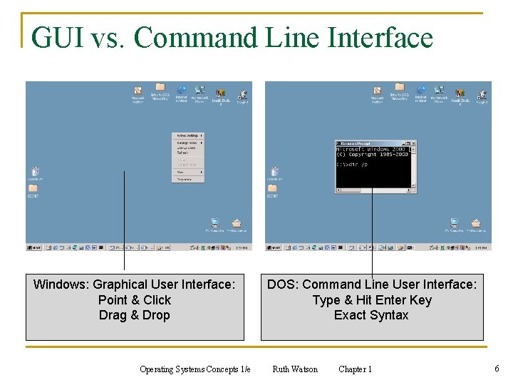 GUI vs. Command Line Interface Windows: Graphical User Interface: Point & Click Drag &