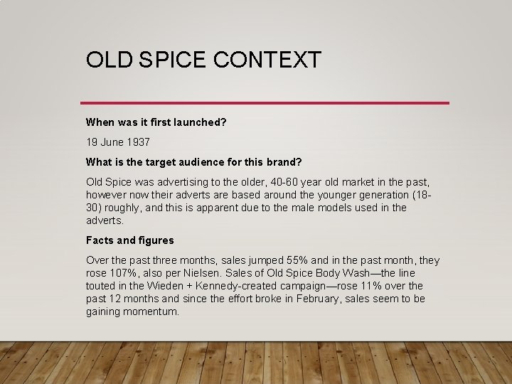 OLD SPICE CONTEXT When was it first launched? 19 June 1937 What is the